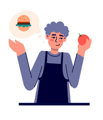 Young cute man think how to cook burger himself on his kitchen. Vector illustration with food and cooking
