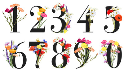 Set of floral numbers with colorful summer wildflowers (poppies, chamomiles, cornflowers), isolated illustration on white background, for wedding monogram, greeting and business cards, logo - obrazy, fototapety, plakaty