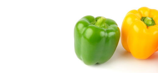 Set of sweet peppers, paprika isolated on white. Wide photo. Free space for text.