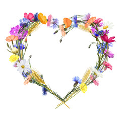 Flower heart frame of watercolor bright meadow flowers (chamomiles, poppies, cornflowers etc), illustrations on a white background