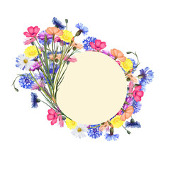 Round frame of watercolor colorful bright wildflowers (cornflowers, chamomiles etc) illustrations on a white background, invitation card design
