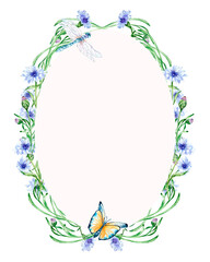 Frame with meadow blue flowers, butterfly watercolor illustration isolated.