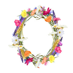 Wreath of watercolor bright meadow flowers (chamomiles, poppies, cornflowers etc), illustrations on a white background