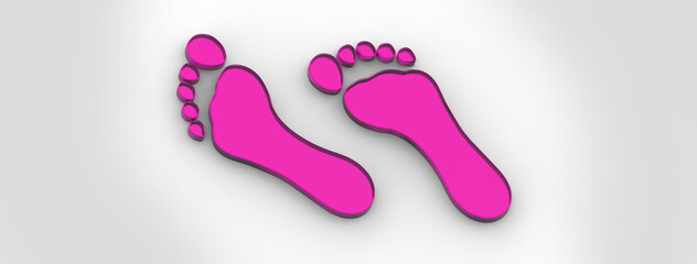 two purple glass bare footprints. bare footprints close-up. movement and development. Banner for insertion into site. Place for text cope space. Horizontal image. 3D image. 3D rendering.