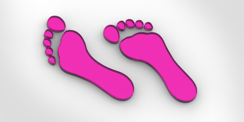 two purple glass bare footprints. bare footprints close-up. movement and development. Banner for insertion into site. Place for text cope space. Horizontal image. 3D image. 3D rendering.