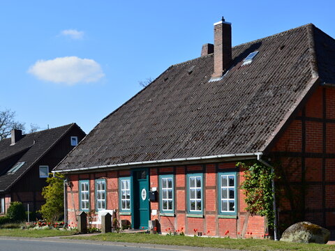 Historical Farm in Spring in the Village Müden at the River Oertze, Lower Saxony