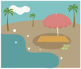 Summer illustration on the beach. Palm trees, sand, sea, umbrella on a sunny day. Vector flat illustration for vacation.