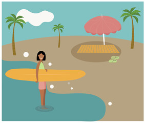 Flat illustration of a girl with a surf on the beach. Vector summer illustration with palm trees, umbrella.