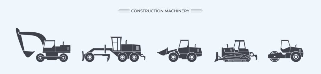 Construction machinery isolated SVG set. Special equipment for construction work. Excavator, tractor, bulldozers, asphalt road roller, road grader.Commercial vehicles.Flat vector illustration. Icon - obrazy, fototapety, plakaty