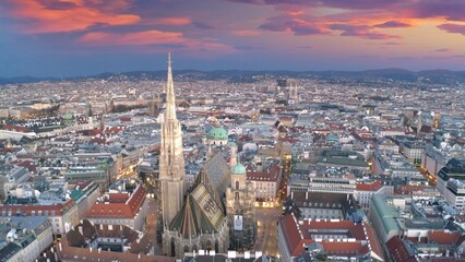 Vienna skyline aerial view drone video from sky, vienna austria cathedral church birds view old town.