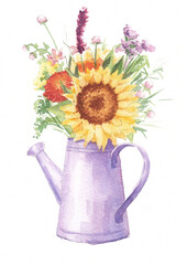Bouquet with a sunflower in a watering can. Watercolor illustrations for postcards and posters. Summer watercolor bouquet on a white background.
