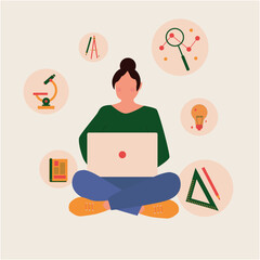 Illustration vectorielle étudiante sur son ordinateur avec des icones, badges sur le thème de l'école, de la rentrée scolaire et de l'éducation.