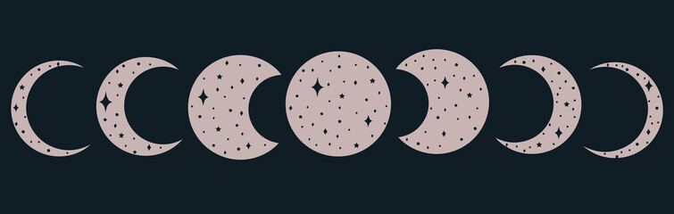 Pink moon with stars on blue background. Magical vector art