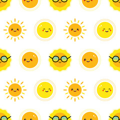 Vector seamless pattern background with variety of happy smiling sun characters for summer, vacation, weather design.
