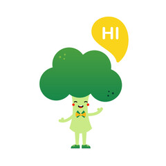Obraz na płótnie Canvas Cute kawaii broccoli character with speech bubble saying hi, hello. 