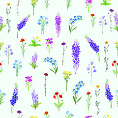 Different types of wild flowers. Seamless pattern.