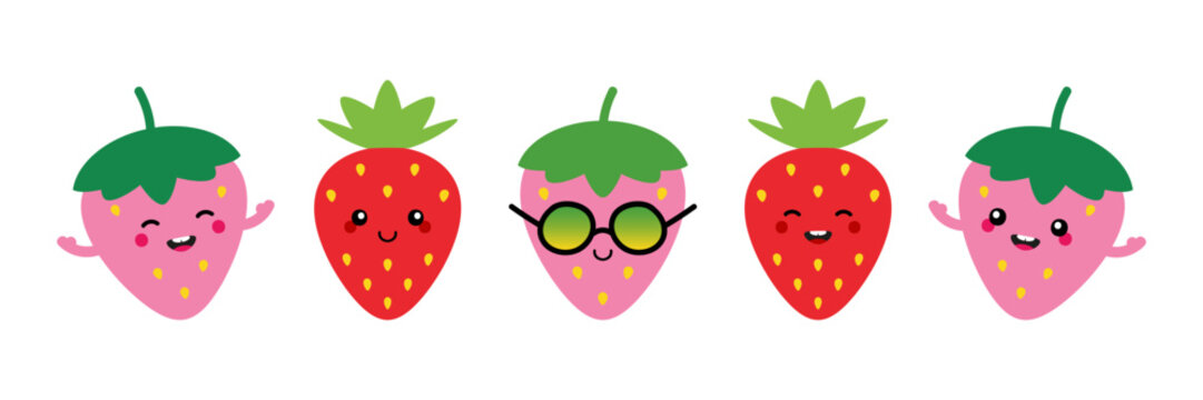Variety of cute and smiling cartoon style strawberry characters for food and nature design. Set, collection of strawberry icons.