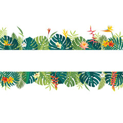 Fototapeta na wymiar Vector Hawaiian Polynesian Summer beautiful jungle exotic leaves banner with copy space. Botanical summer hibiscus, heliconia, bird of paradise, plumeria flowers. Monstera, areca palm, tropical plants