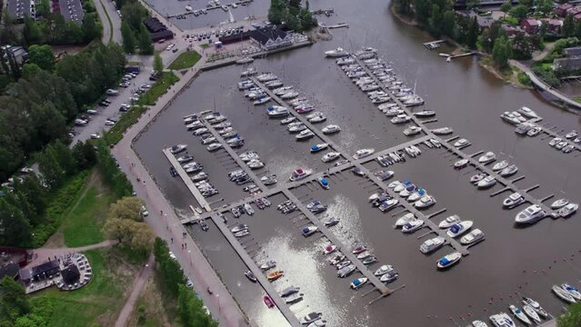 Aerial view of the yachts in the Haukilahti marina on a Baltic sea, Espoo, Finland.