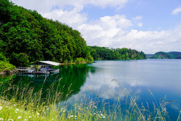Wahnbachtalsperre near Siegburg. Dam overlooking the lake and the surrounding nature.