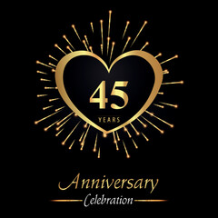45 years anniversary celebration with golden heart and fireworks isolated on black background. Premium design for weddings, birthday party, celebration events, banner, graduation, greetings card.