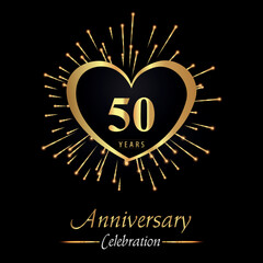 50 years anniversary celebration with golden heart and fireworks isolated on black background. Premium design for weddings, birthday party, celebration events, banner, graduation, greetings card.