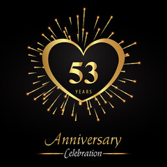 53 years anniversary celebration with golden heart and fireworks isolated on black background. Premium design for weddings, birthday party, celebration events, banner, graduation, greetings card.