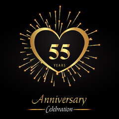 Fototapeta premium 55 years anniversary celebration with golden heart and fireworks isolated on black background. Premium design for weddings, birthday party, celebration events, banner, graduation, greetings card.