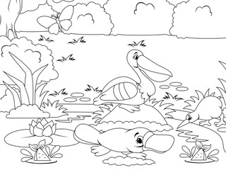 River bank with animals, fish and aquatic animals. Nature of the forest. Raster coloring book.