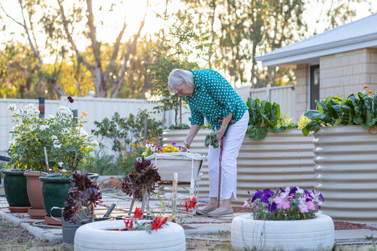 elderly woman pottering in garden