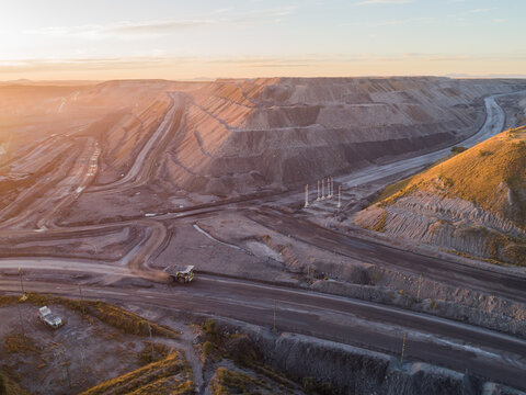 aerial view of open cut coal mine at dusk in Hunter Valley