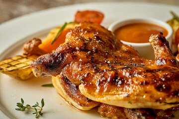 Whole Fried chicken with potatoes and mushrooms. Close-up, post-production noise. Selective focus