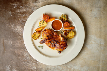 Whole Fried chicken with potatoes and mushrooms. Close-up, post-production noise. Selective focus