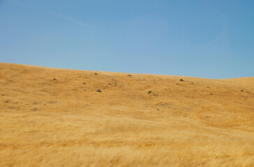 Golden rolling California hills. Beautiful landscape view from car.