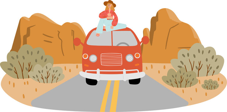 red car with woman on road trip clip art preview