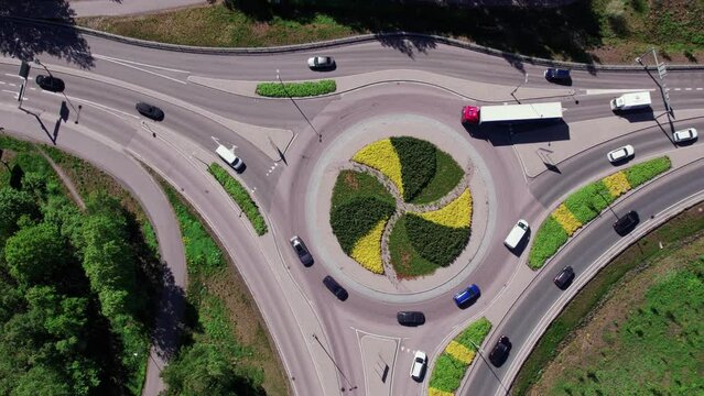 Aerial view of the roundabout in Espoo, Finland. Flowers In the center of the roundabout