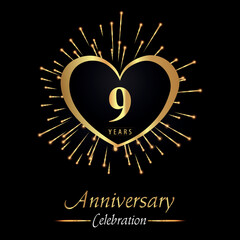 9 years anniversary celebration with golden heart and fireworks isolated on black background. Premium design for weddings, birthday party, celebration events, banner, graduation, greetings card.