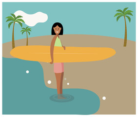 Surf girl on the beach. Vector summer flat illustration for vacation.