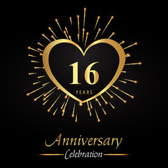 16 years anniversary celebration with golden heart and fireworks isolated on black background. Premium design for weddings, birthday party, celebration events, banner, graduation, greetings card.