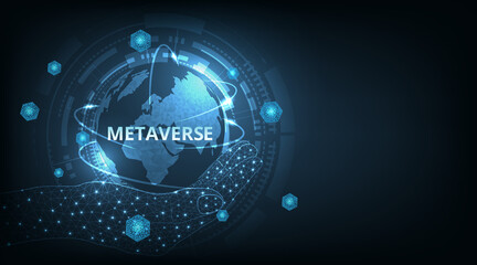 Concept of Metaverse technology with blockchain network connecting on dark blue background.virtual reality and blockchain technology.