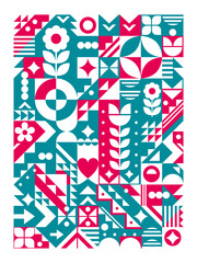 Bauhaus style cool geometric vector colorful poster design 18x24 format  with flowers, triangles, heart
 