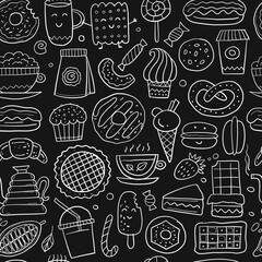 Coffee shop menu elements. Desserts and sweets. Hand drawn sketch. Seamless pattern background for your design