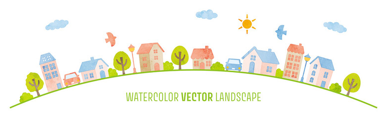 watercolor hand drawn landscape (blue and pink)