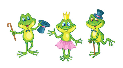 Three funny trendy frogs. In cartoon style. Isolated on white background. Vector illustration.