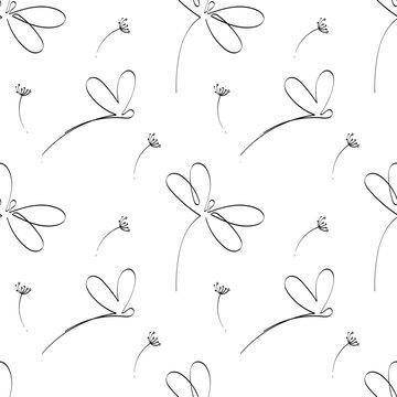 A seamless pattern of stylized dragonflies, hand-drawn doodles. Single line drawing. Black and white image. Dragonfly and flowers. Insect. Summer.