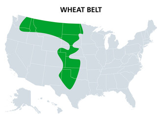 Wheat Belt of the United States, political map. Part of the North American Great Plains where wheat is the dominant crop. Extending from central Alberta, Canada, to Central Texas. Illustration. Vector