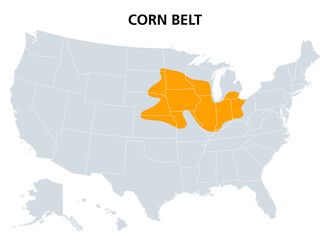 Corn Belt of the United States, political map. The region in the American Midwest where maize is the dominant crop. Most corn grown today is fed to livestock, especially hogs and poultry. Illustration
