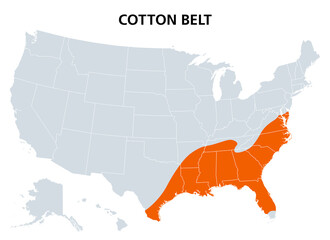 Cotton Belt of the United States, political map. Region of the American South, from Delaware to East Texas, where cotton was the predominant cash crop from the late 18th century into the 20th century.