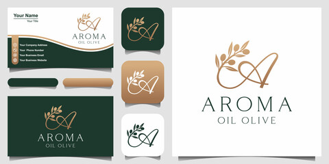 letter A combined twig Olive oil logo design template.