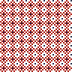 Rhomboid pixel pattern, red squares and blue dots, on whitr background